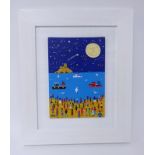Brian Pollard original acrylic on a canvas board, titled 'Full Moon Over Mounts Bay', painted July
