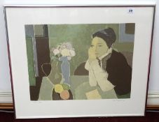 Unknown, a pair of signed limited edition prints, from an edition of 200, 'figures at a table', 39cm