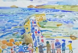 Fred Yates (1922-2008), watercolour 'Figures at a Pier', framed and glazed 25cm x 34cm.