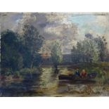 English school 19th century oil on board, 'Figures in a fishing dock', not signed, 22cm x 25cm,