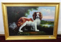 Sam Miller, 20th century, 'Portrait of a King Charles Spaniel in a landscape', 60cm x 90cm, framed.