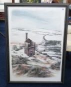 Sue Wills (Plymouth artist) mixed media, 'Tin Mine Landscape' signed and dated 1999, framed and