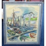 Mid 20th century gouache, 'Fishing Boats, Harbour', monogramed 'AF 50', 56cm x 60cm.