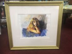 Robert Lenkiewicz (1941-2002) watercolour, signed and titled to image 'Girl resting on blue pillow',