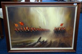 John Bampfield (b.1947) 'Military Charge' oil on canvas, signed, framed, 50cm x 75cm.