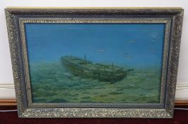 Peter Power, oil on canvas, study of wrecked ship on a sea bed Remallis Cornwall, signed and