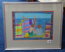 Louise McClarey, mixed media 'Figures on a Beach', 27cm x 36cm, framed and glazed.