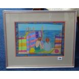 Louise McClarey, mixed media 'Figures on a Beach', 27cm x 36cm, framed and glazed.