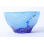 A blue glass bowl with etched markings 'Daum, Nancy' height 6cm, diameter 11cm.