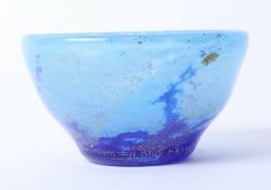 A blue glass bowl with etched markings 'Daum, Nancy' height 6cm, diameter 11cm.