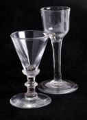 A Georgian wine glass and another, conical bowl, tallest 14cm.
