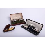 A pair Geo V Elkington & Co silver napkin rings boxed, silver christening spoon and Meerschaum