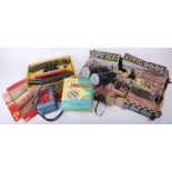 Scalextric motor racing set, boxed binoculars, Triang HO model train set.