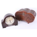 A sandalwood carved Oriental table chest and a 1940's wood cased mantle clock with chiming