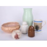 Mocha ware mug, two GPO ceramic pole caps, Denby vase and other china wares