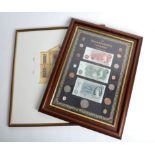 QEII coronation collection limited edition with certificate of coins and bank notes framed and