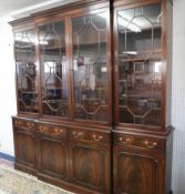 Reproduction mahogany library bookcase by Reprodux Bevan Funnell in five sections, length 227cm