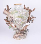 Large 19th Century porcelain ornate vase decorated with hunting dogs and trees (various damage)