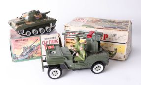 Marx battery operated firing tank model boxed together with a Japanese plastic Army jeep boxed (2)