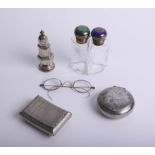 Pair of silver and enamelled glass scent bottles together with Geo V silver pepper pot, Victorian