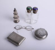 Pair of silver and enamelled glass scent bottles together with Geo V silver pepper pot, Victorian