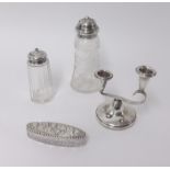 A silver twin desk candelabra marked E & Co (Elkington) height 12cm together with two silver mounted