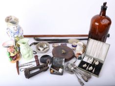 Collection of items including Victorian and later toby jugs, cork screws, poison glass bottle,