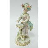 A late 19th century Meissen porcelain figure of a standing woman in 19th century costume by a tripod