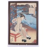 Japanese woodblock print framed and glazed, overall size 39cm x 27cm.