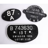 Railwayana, three metal train signs including '87 A', 'B 7436330 Swindon 1959 Lot No. 3195' and '