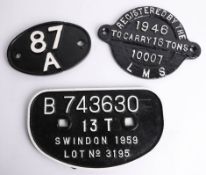 Railwayana, three metal train signs including '87 A', 'B 7436330 Swindon 1959 Lot No. 3195' and '