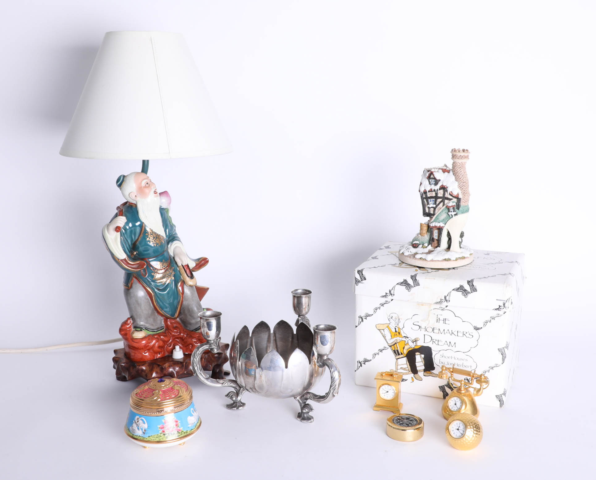 Various items including modern Oriental lamp, silver plated ware, 'Shoe Makers Dream' houses etc.