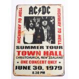 A tin sign, ACDC, 30th June 1979, Summer Tour, New Zealand, 30 x 20cm.
