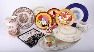 Various ceramics including replica Clarice Cliff including conical sifters, Crocus, jam pot,