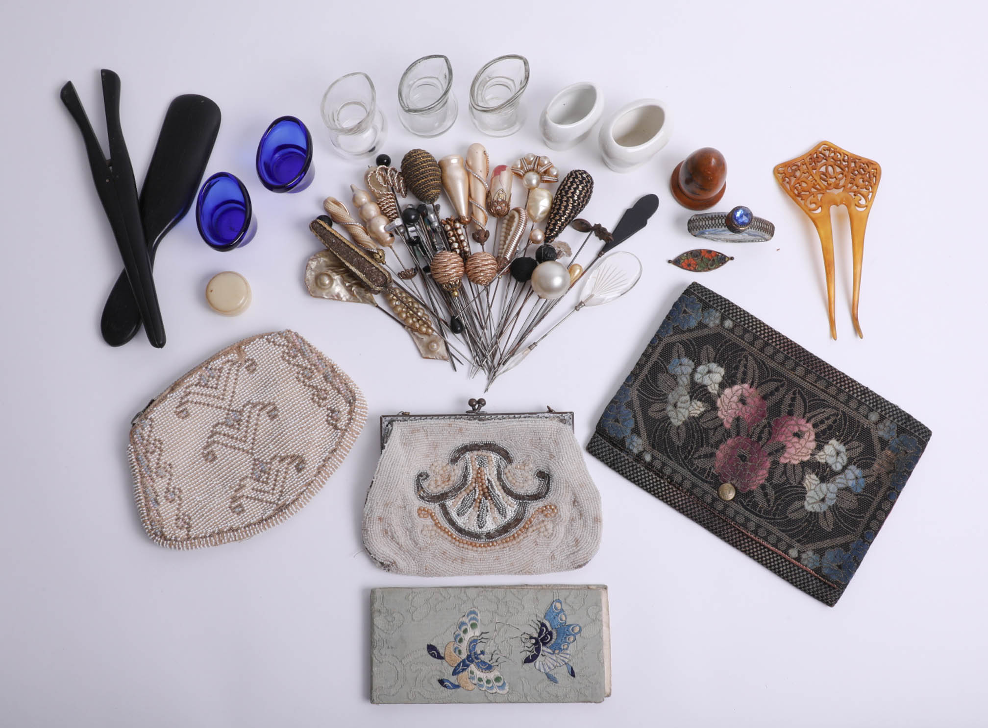 Mixed collection of Vintage beadwork evening bags, Victorian and later hat pins, eye glasses and