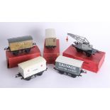 Hornby O Gauge, five assorted trucks including No1 crane truck 1938-41, Two No 0 banana van, No 0 (