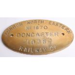 Railwayana, a brass LNER Doncaster Railway Co 1938 sign, No 1870.