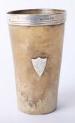 A Victorian horn beaker with silver rim maker 'J.L' with glass bottom, height 15cm.