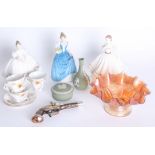 Standard flower patterned tea set, three porcelain figures including Royal Doulton 'Samantha',