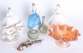 Standard flower patterned tea set, three porcelain figures including Royal Doulton 'Samantha',