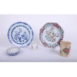 Pair antique Chinese porcelain plates, Chinese porcelain cup, earthenware mug and lid.