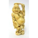 Carved antique Japanese ivory figure of Hoite, signed to base, height 13cm.