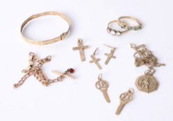 A small collection of 9ct gold jewellery including bangle, approx 14gms