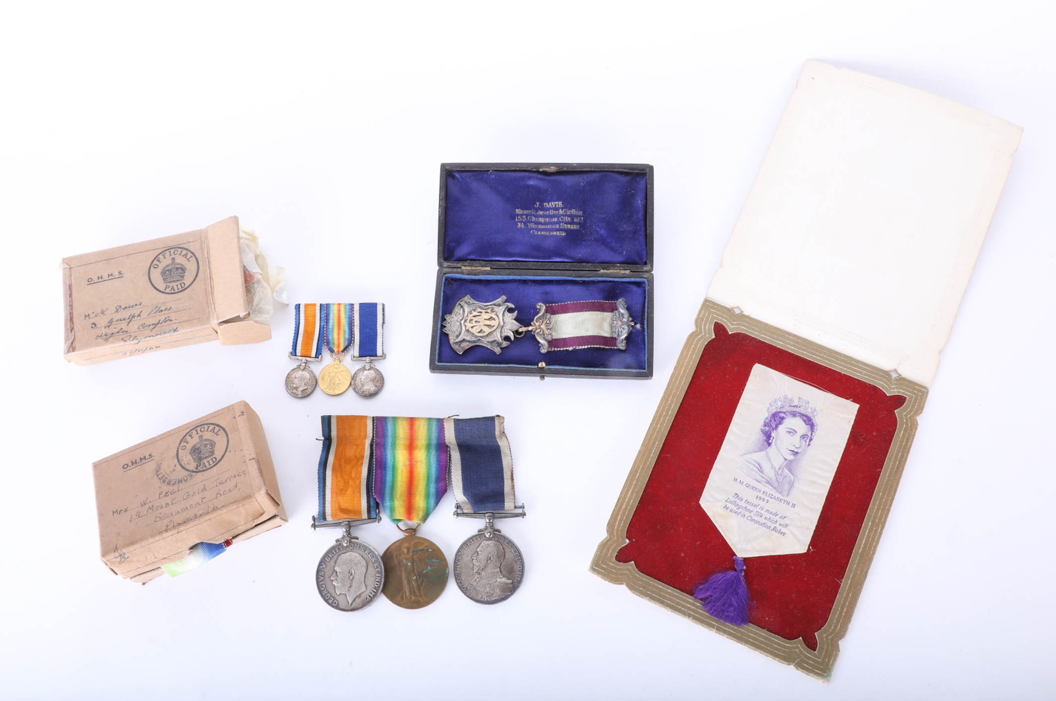 Group of medals, WWI trio awarded to M.3282G.B. Dawe E.R.ARN, WWII, and miniatures, a Royal Kings