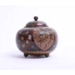 Japanese cloisonné koro and cover with Kiku finial, height 12cm.