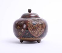 Japanese cloisonné koro and cover with Kiku finial, height 12cm.