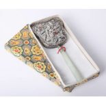 Reproduction Chinese white metal hand mirror, length 17cm boxed.
