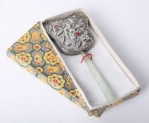 Reproduction Chinese white metal hand mirror, length 17cm boxed.