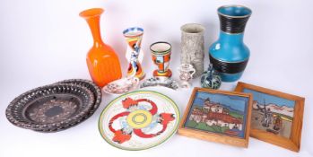 Collection of ceramics including replica Clarice Cliff, art glass vase, Spanish tiles, continental