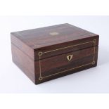 Victorian rosewood sewing box with fitted interior and brass inlay with key, 20cm wide